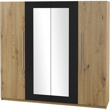 Schrank IRINA 4 Türen mit Spiegeln - Eiche und Schwarz - 228 x 57 x 214 cm
