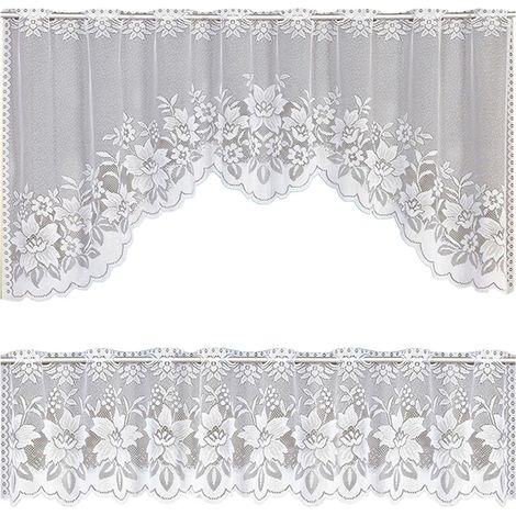 Voilage dentelle blanche pour cuisine - Broderie florale ajourée - Valance pour petites fenêtres et café