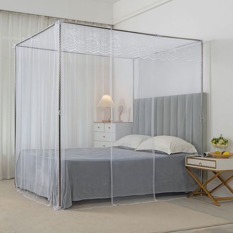 Moustiquaire bordée de dentelle 180x200 cm avec cadre de baldaquin, respirante et anti-moustiques, adaptée à la chambre (blanc) (1/5)