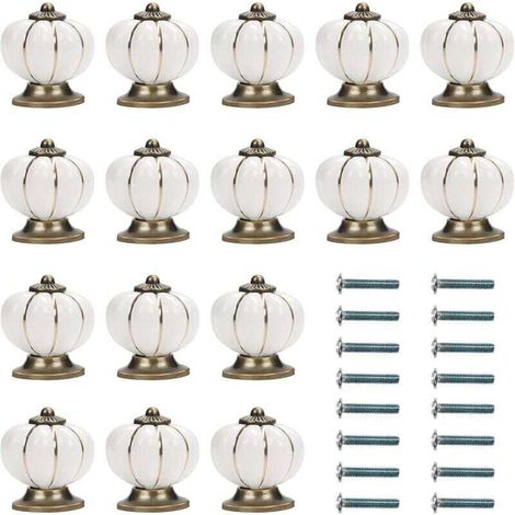 Bouton Ceramique Meuble Blanc et Or avec Vis en Forme de Citrouille (Lot de 16) - 3,6 x 3,9 cm - Bouton de Meuble Rond Vintage - Pour Maison, Bureau, Armoire de Cuisine, Tiroirs et Placard (1/4)