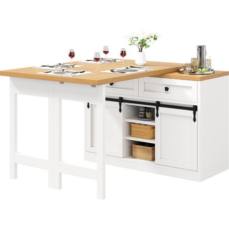 Îlot de cuisine pivotant 360° extensible 120–197 cm avec portes coulissantes, 2 tiroirs et étagères réglables, blanc bois, pratique pour cuisine - CHICFURN (1/5)