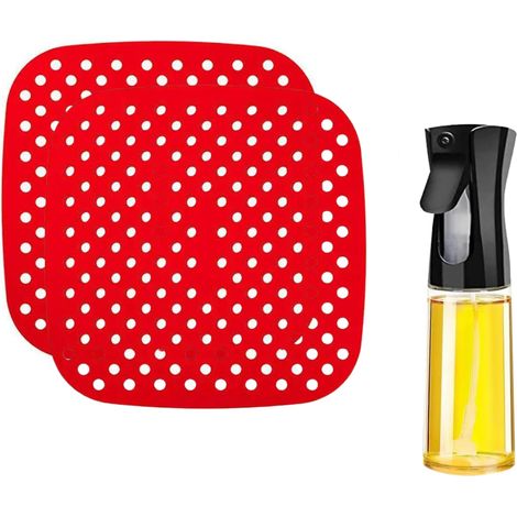 Accessoires friteuse sans huile - Tapis Air Fryer + Spray d'huile - Grille silicone friteuse à air - Panier carré - Pour Airfryer 21 cm (2 unités rouge) (1/5)