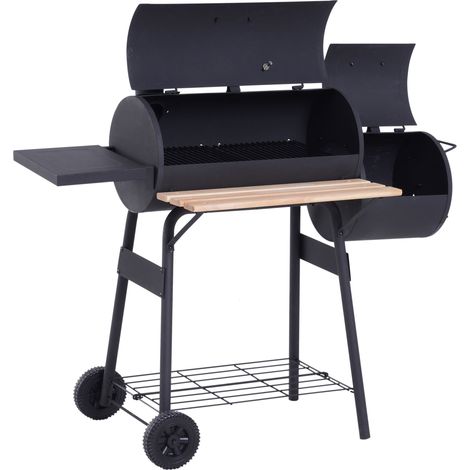 Outsunny Holzkohlegrill mit Gestell, Grillrost mit Deckel, Rädern, Thermometer, Ablagen aus kaltgewalztem Stahl, Schwarz