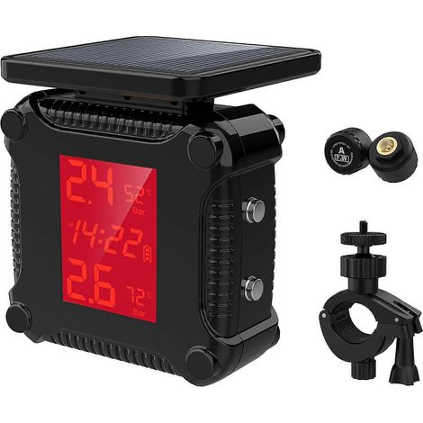 Sistema de monitoreo de presión de neumáticos con carga solar para motocicleta, con pantalla LCD grande y 2 sensores externos impermeables. (1/5)