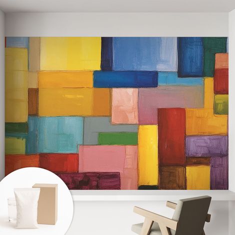 Papier peint intissé à motifs décoratifs pour salon chambre et bureau Décoration murale élégante avec colle Rectangles colorés 152x104 cm (1/5)