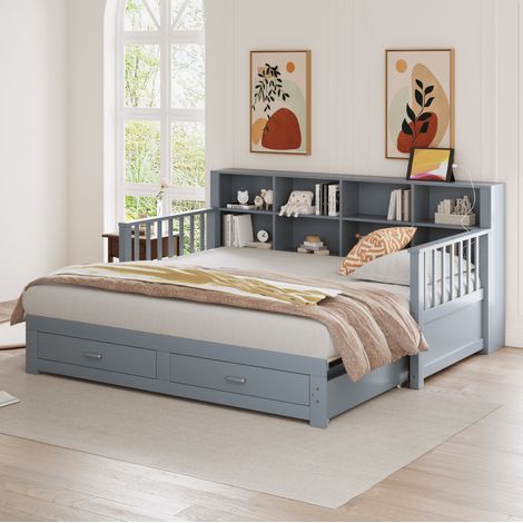 lit adulte gigogne rangement 90x190 180x190 bois gris OKMYHOME (1/5)