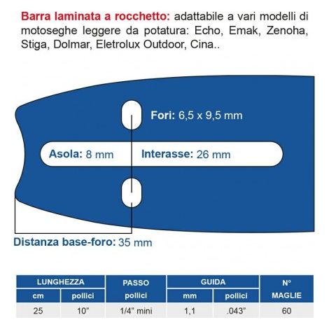 BARRA MOTOSEGA DA POTATURA 1/4 25CM 1.1 60 MAGLIE ECHO ZENOAH STIGA DOLMAR