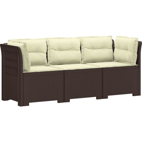 Canapé de Jardin Modulable 3 Places en PP Aspect Rotin Marron avec Coussins Crème - PANGIVO (1/5)