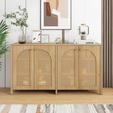 Buffet moderne au style minimaliste, 4 portes en rotin, meuble avec poignées métalliques pour salle à manger, salon et cuisine (1/5)