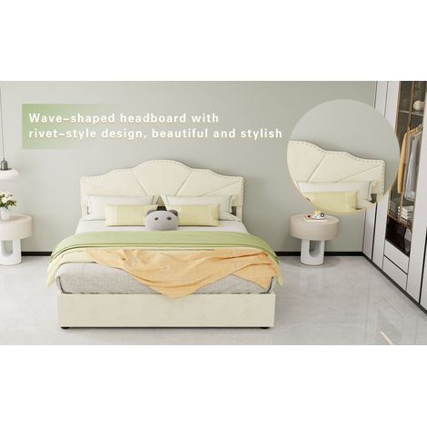 Lit rembourré moderne minimaliste, tête de lit confortable, 160x200 cm, beige, avec coffre de rangement hydraulique