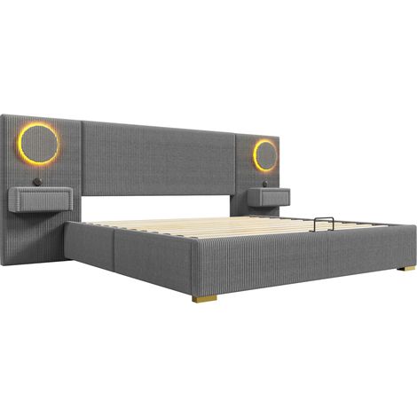 Cama tapizada 180x200 cm con cabecero LED, puertos USB y almacenaje hidráulico, gris (1/5)