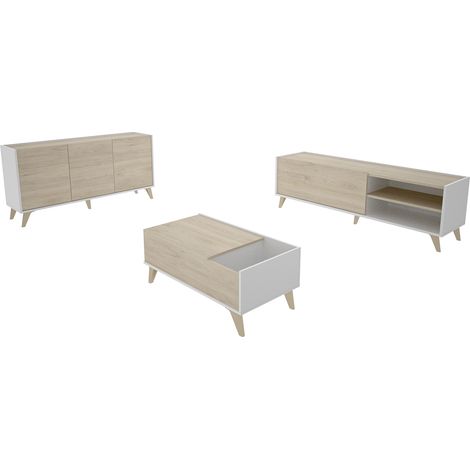 Pegane – Ensemble de meubles de salon en bois mélaminé – meuble bas TV 155x43x47cm – buffet 155x43x75cm – table basse relevable 99x60x41cm – coloris chêne naturel, blanc (1/5)