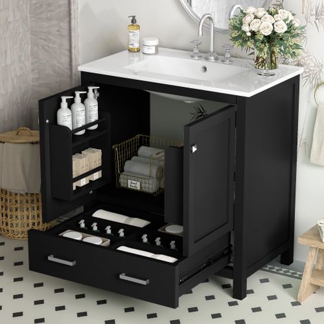 Tocador de baño negro de 30 pulgadas con lavabo individual, mueble combinado con lavabo bajo encimera, mueble de almacenamiento con 2 puertas y 1 cajón, cierre suave, almacenamiento multifuncional, es (1/5)