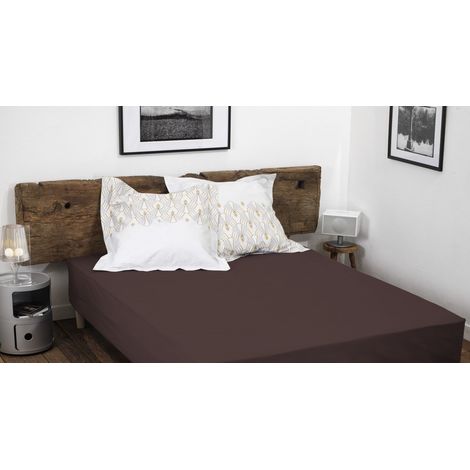 Drap housse uni coton 57 fils chocolat 160x200 cm bonnet 35 cm (1/3)