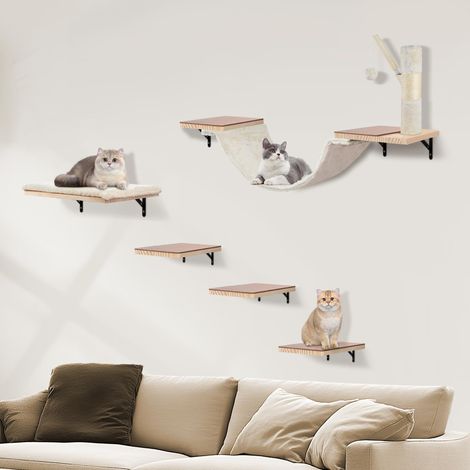 Ensemble mur d'escalade pour chat - Arbre à chat, pont suspendu, escalier, chaise longue et balle suspendue - Pour chats et chatons - Mural - Bois de pin et feutre - 43 x 33 x 16 cm - 6 kg