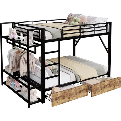 Cama Alta 140 x 200 Cm Con 2 Cajones, Estantes, LED Y Perchero, Sin Colchón, De Metal, Negro (1/5)
