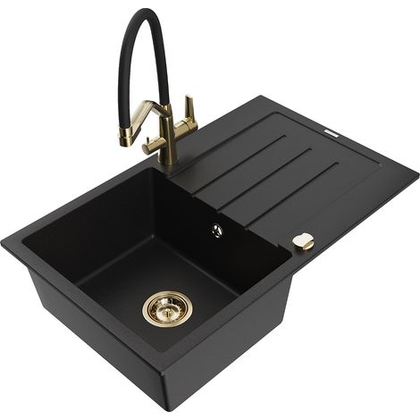 Mexen Bruno 1 Becken-Granitspüle mit Abtropffläche und Mischbatterie Duo, Schwarz - 6513-77-671701-5 (1/5)