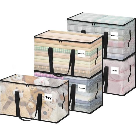 Lot de 5 Grand Sac De Rangement Vetement, 100L Boite Rangement Vetement en Transparente, Housse de Couette Pliable avec Poignées pour Demenagement, Vêtements, Couvertures, Jouets, Livres (1/5)