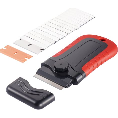 Grattoir avec 15 Lames Supplémentaires en Acier au Carbone et POM, Racloir Verrouillable avec Capuchon de Sécurité, Kit Raclette de Nettoyage pour Autocollants, Étiquettes, Peinture sur Verre (1/5)