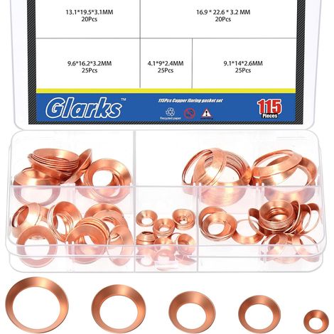 115 pièces Kit de joints évasés en cuivre, raccord évasé 45 degrés en cuivre, adapté aux tailles de tube 1/4’’ 3/8’’ 1/2’’ 5/8’’ 3/4’’, joints d’étanchéité évasés en laiton pour climatiseur (1/5)