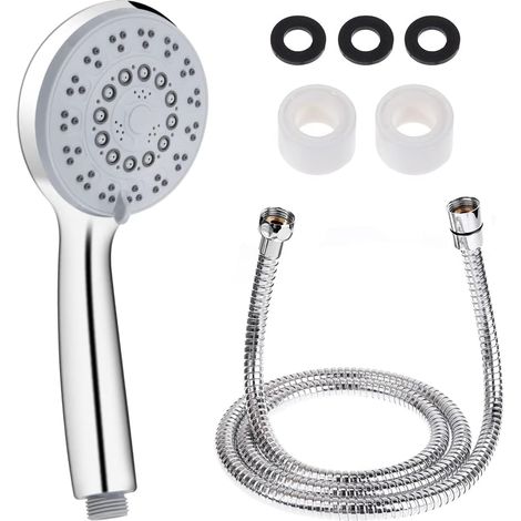 Pommeau de douche + flexible de douche de 1,5 m, 5 jets, pommeau de douche multifonctionnel haute pression, avec joints en téflon (1/5)