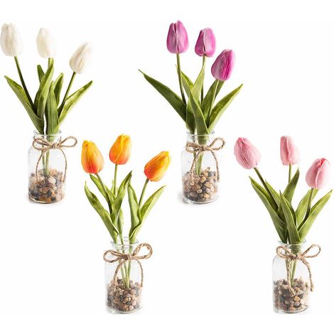 Barattoli in vetro con tulipani artificiali, sassolini e fiocco di juta, set da 8 pezzi, Ø 5,5 cm x 26 H