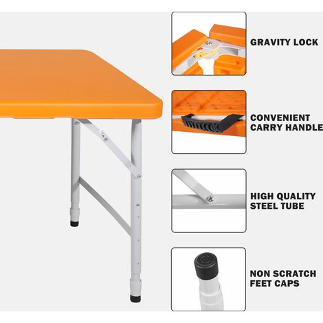 Table pliante robuste 125cm, hauteur ajustable, poignée de transport, pliable et multifonction pour camping, pique-nique, fêtes en intérieur/extérieur, capacité 135kg (Orange) (1/4)