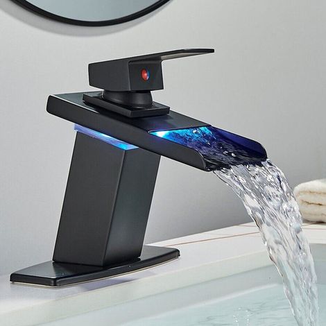 Robinet de lavabo de salle de bain à LED, cascade d'eau chaude et froide, poignée monotrou avec 2 conduites d'eau, bec en acier inoxydable (noir) (1/5)