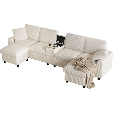 Canapé U en velours côtelé beige avec 2 poufs coffres, table d’appoint, 2 porte-gobelets, USB, 2 ports Type-C et 2 prises, gain de place - CHICFURN (1/5)