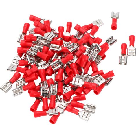 100 cosses à sertir FDD1.25-250 avec manchon isolant rouge, connecteur femelle de type fourche pour câblage électrique. (1/5)