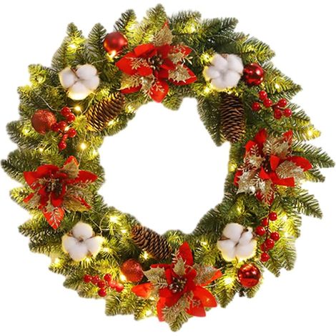 Guirlande couronne porte 40 cm pommes de pin poinsettia lumineuse LED 1 pcs (1/5)