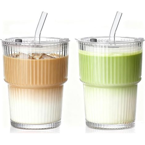 Lot de 2 gobelets en verre de 380 ml avec couvercle et paille, gobelet à smoothie en verre avec paille, tasse à café hermétique et étanche, mug de voyage, tasse à café glacé, verre à boire (1/5)