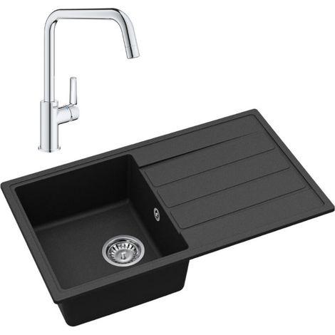 76x44 cm évier avec égouttoir réversible en Granite, à encastrer, noir + mitigeur lavabo/cuisine Grohe Start (SATSE3BG304)