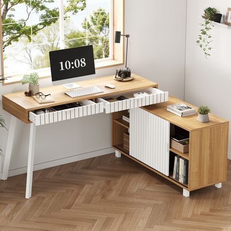 Bureau d'angle en L, design moderne – Finition à rayures verticales, piètement en acier, 2 tiroirs et grand placard de rangement – bois naturel (1/5)