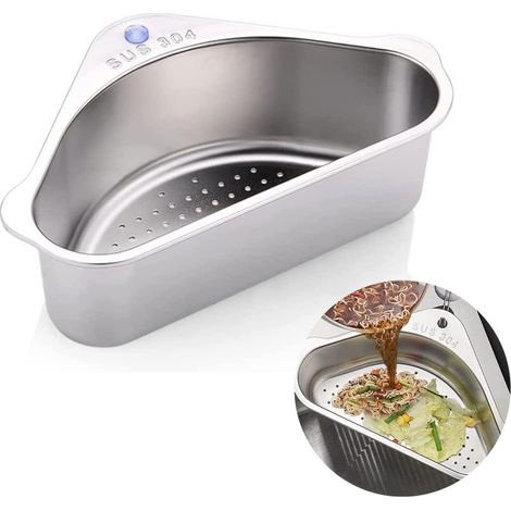 Panier égouttoir triangulaire acier inoxydable, passoire alimentaire et rangement (ventouse)