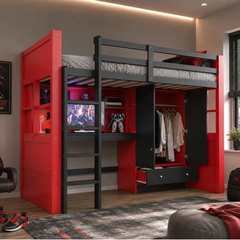 Lit mezzanine enfant en bois 90x200 cm avec LED, prises, bureau, rangement et armoire, noir et rouge (1/5)