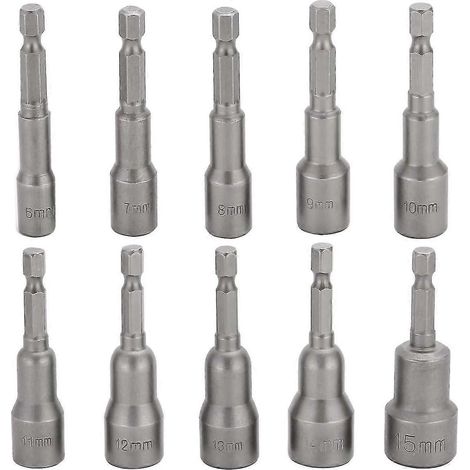 Jeu de 10 douilles magnétiques hexagonales pour visseuse à percussion (6-15 mm), avec mandrin à changement rapide 1/4". (1/5)