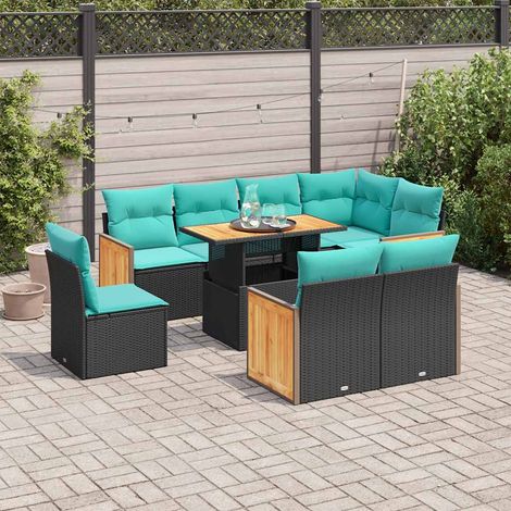 Salon de jardin 9 pièces en résine tressée avec rangement, noir, coussins bleus - PANGIVO (1/5)