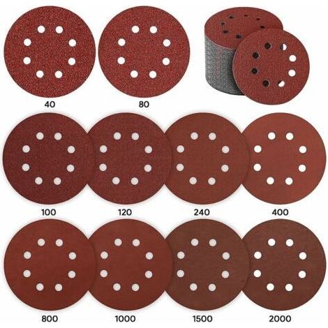 Pair Disque de Ponçage, 80 Pièces Disque a Poncer 125mm Papier Ponceuse Disque Abrasif pour Ponceuse Excentrique 10 P40 / P80 / P100 / P120 / P240 / P400, 5 P800 / P1000 / P1500 / P2000 8 Trous (1/5)