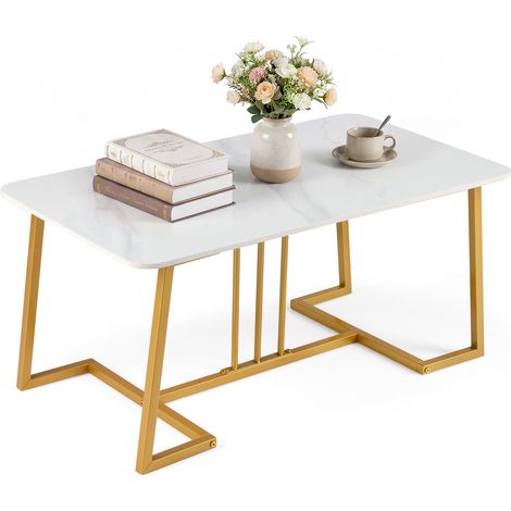 Table Basse Rectangulaire, Table de Salon avec Plateau en Faux Marbre Artificiel, Pieds Métalliques Solides, Meuble d’Appoint, 90 x 50 x 41,5 cm (1/5)