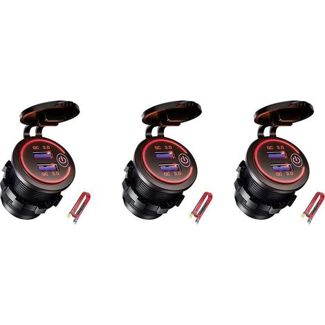 3x QC 3.0 Dual-USB-Ladebuchse, 12V/24V wasserdichter USB-Stecker mit Touch-Schalter für Auto, Boot, Wohnmobil, Motorrad, Rot