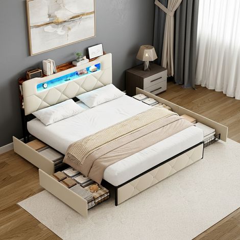 Lit coffre 160x200 avec sommier et 4 tiroirs, cadre lits avec led et usb, tete de lit avec rangement, lit double pour adultes beige velours (1/5)