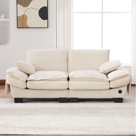 Sofá recto de 2 plazas 190x73x84 cm en tela acanalada beige moderno FloraGrace (1/5)