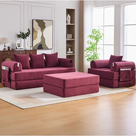 Canapé modulable 4 places en velours côtelé bordeaux avec structure métallique et pouf OKWISH (1/5)