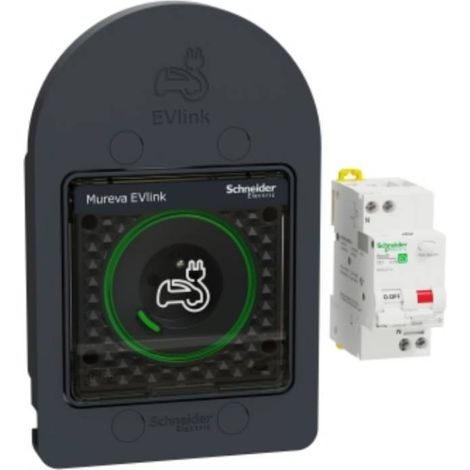 Schneider – Pack prise IRVE Mureva Evlink 16A 250V étanche IP66 – IK08 – Disjoncteur différentiel intégré – Installation sans habilitation