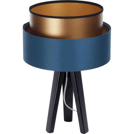 Lampe à poser élégante bleu nuit abat jour satiné cuivre - Bleu marine satiné intérieur cuivre (1/5)
