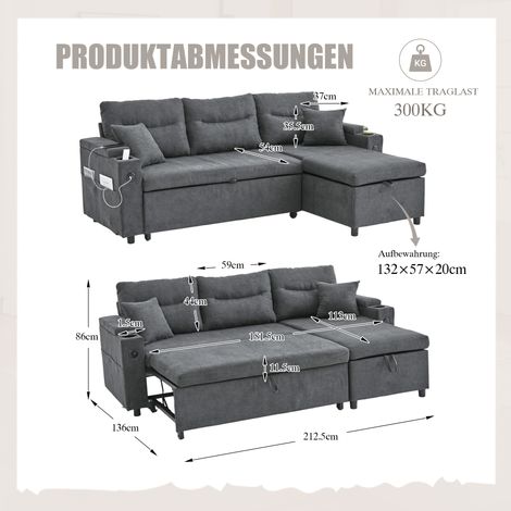 Canapé en lin moderne 3 places avec rangement,porte-gobelets et USB-C,chaise longue hydraulique et lit à tiroirs,design élégant et chaleureux. (1/5)