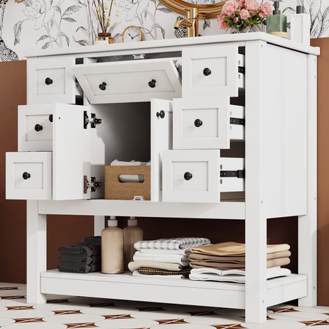 Mueble de baño independiente de 91,5 x 46,5 x 90 cm, totalmente lacado, 6 cajones con cierre suave, cajones abatibles, espacio de almacenamiento detrás de las puertas del armario, lavabo cerámico inte (1/5)