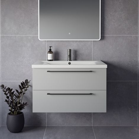 Napoli 460 Gloss Grey Pearl 800mm Wall Mounted 2 Drawer Vanity Unit with Glide Basin - 800mm - Gunmetal Grey 480mm Handle