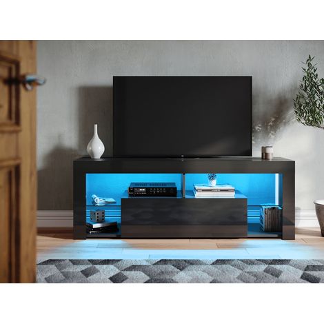 SONNI Lowboard Schwarz TV Schrank mit Led Beleuchtung(12 Farben können eingestellt Werden), Griffloses Design,140x35x50.5cm (1/5)